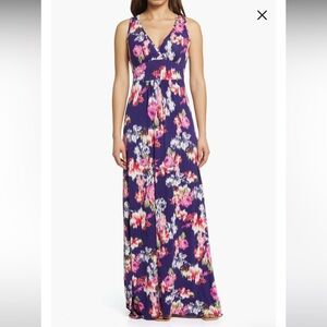 Loveappella Abstract Floral Print Sleeveless Jersey Maxi Dress